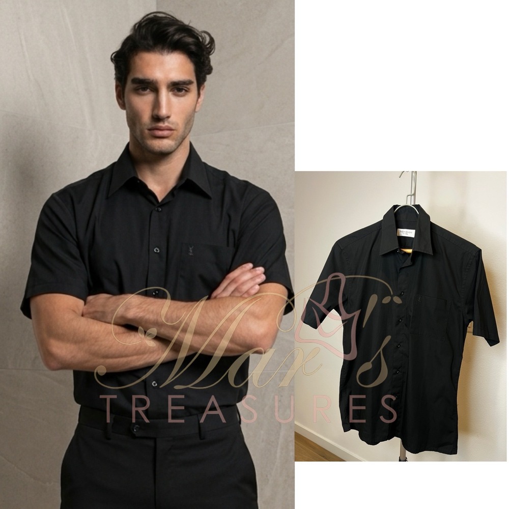 YSL Saint Laurent Men's Black Button Up Short Sleeve Dress Shirt Sz